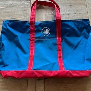 LL Bean Everyday Lightweight Tote Nautical Blue & Red Monogram “JWA” Large NWT